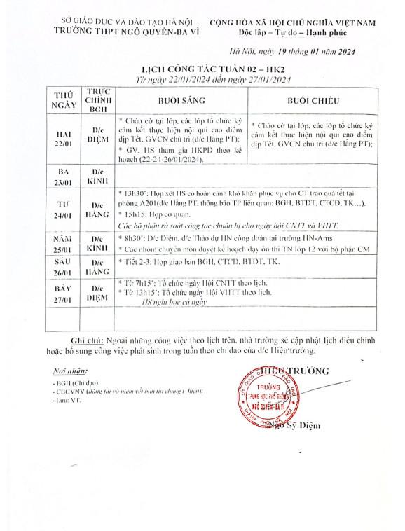 Lịch công tác tuần 2 kì 2 từ ngày 22.1.2024