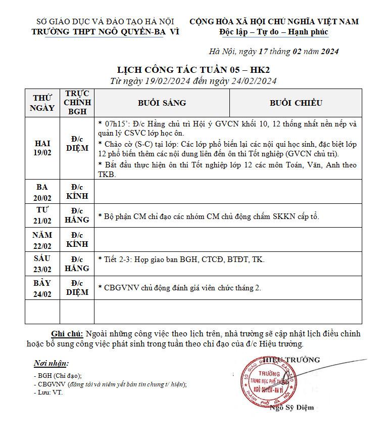 Lịch công tác tuần 5 kì 2 2024