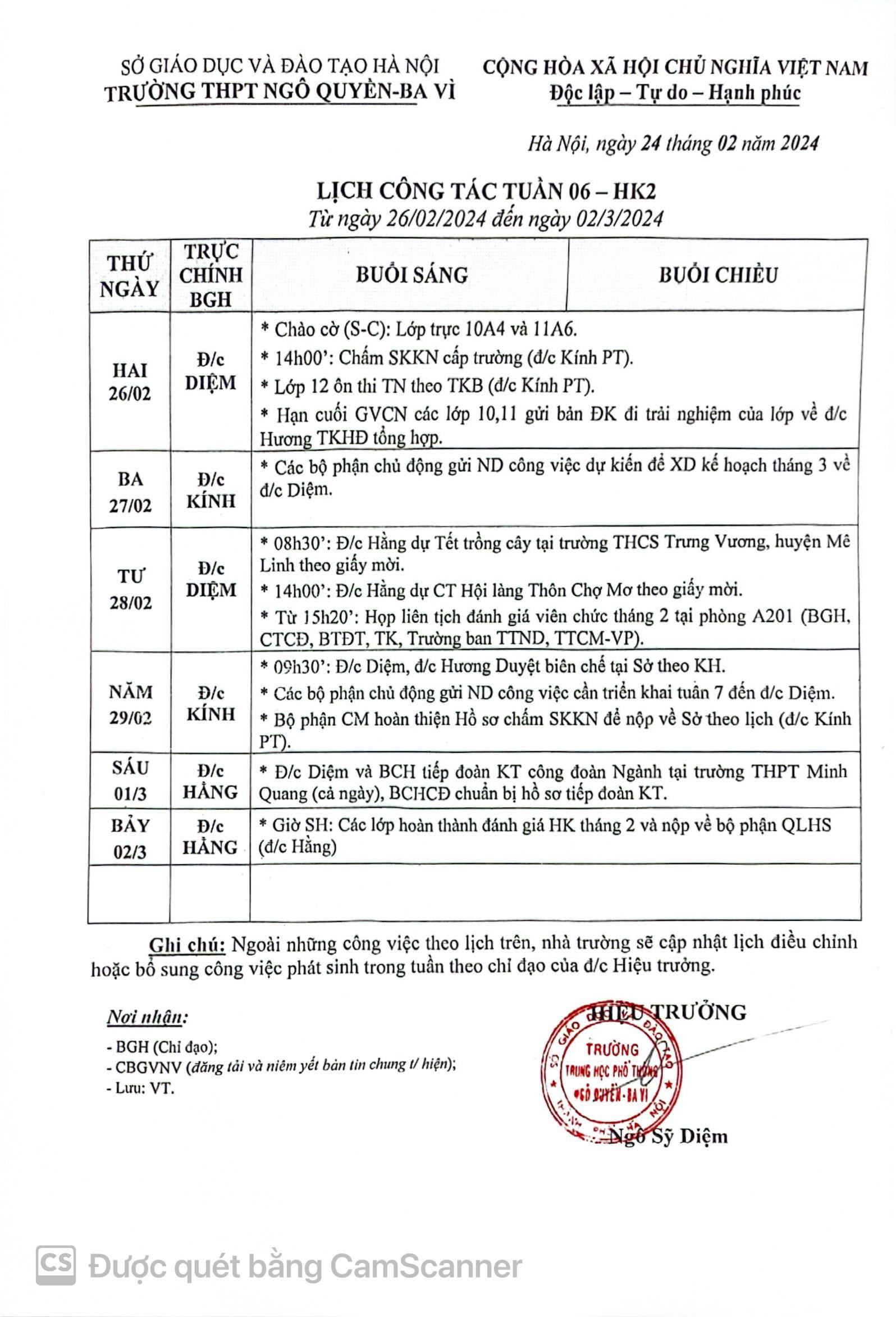 Lịch công tác tuần 6 kì 2 từ 26.2.2024