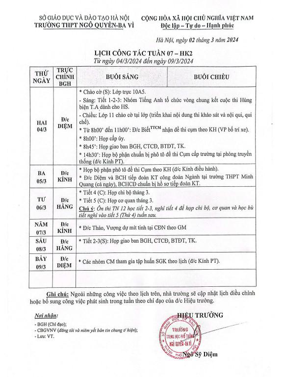 Lịch công tác tuần 7 kì 2 từ 4/3/2024