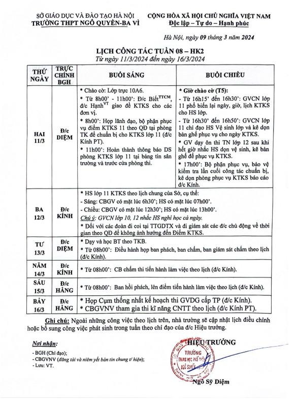 Lịch công tác tuần 8 kì 2 