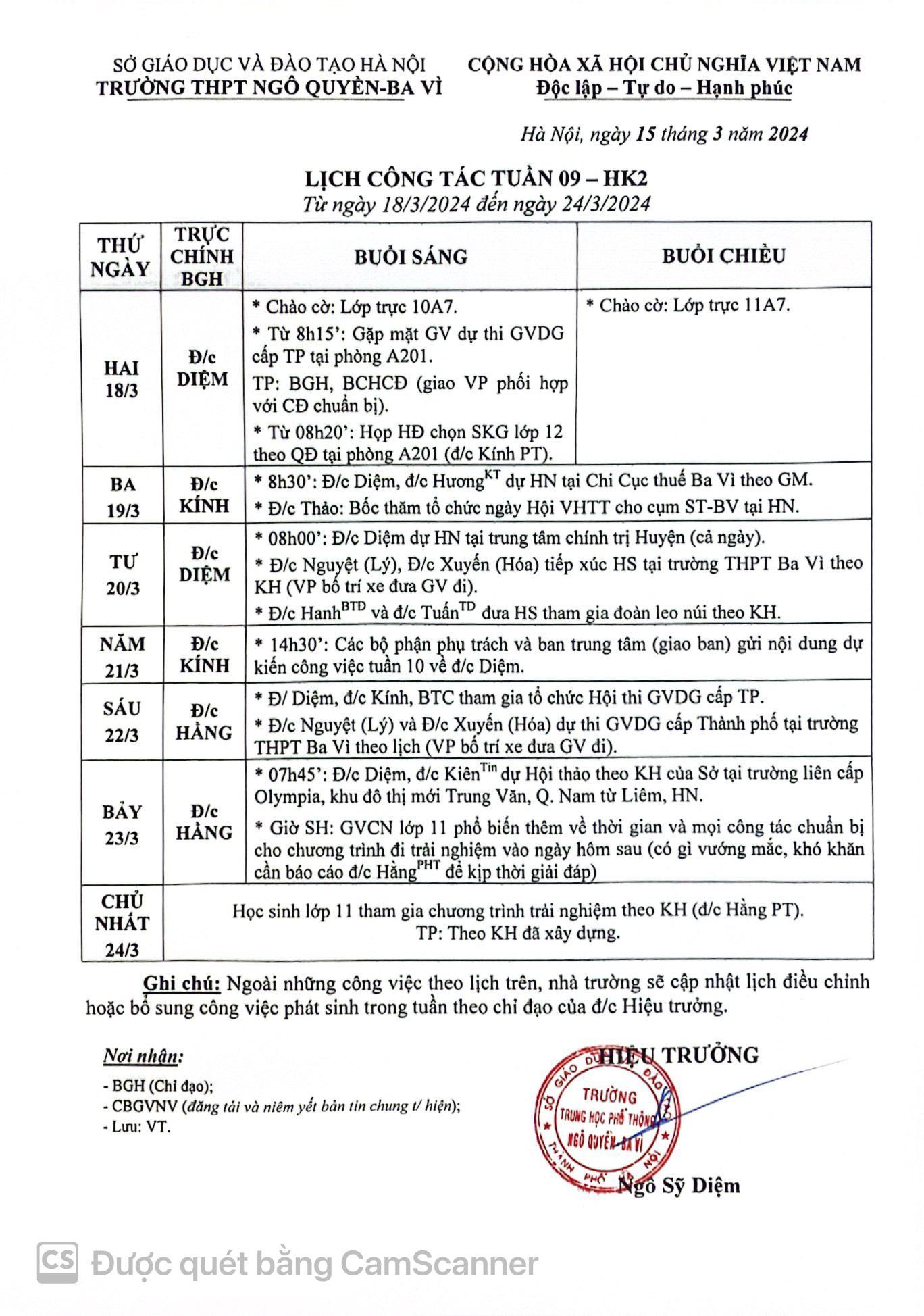 Lịch công tác tuần 9 kì 2 năm 2024