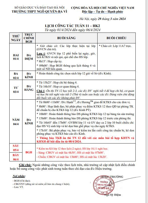 Lịch công tác tuần 11 kì 2