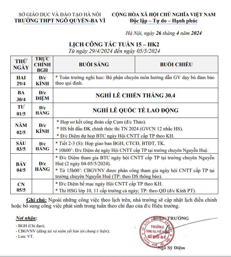 Lịch công tác tuần 15 kì 2