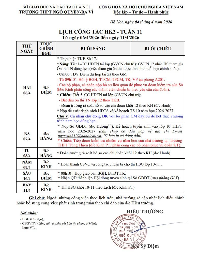 LỊCH CÔNG TÁC HK2 - TUẦN 11 Từ ngày 06/4/2026 đến ngày 11/4/2026