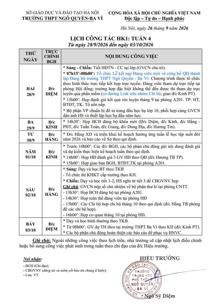 LỊCH CÔNG TÁC HK1: TUẦN 4 Từ ngày 28/9/2026 đến ngày 03/10/2026