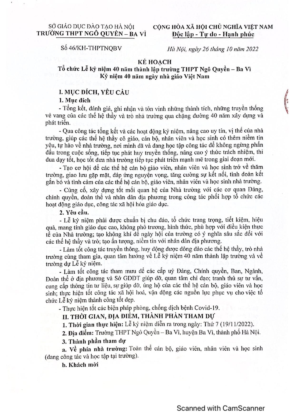 Kế Hoạch Kỷ Niệm 40 Thành Lập Trường THPT Ngô Quyền- Ba Vì